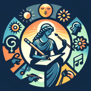 A logo of goddess with a sketchpad, holding pencil and paintbrushes in hand while writing, incorporating music, logic, and flowerpower, sorting through ideas. optimistic [with a vibrant pacific ocean sunshine color scheme] [depicting a sense of creativity and freedom] With dark blue slate background.